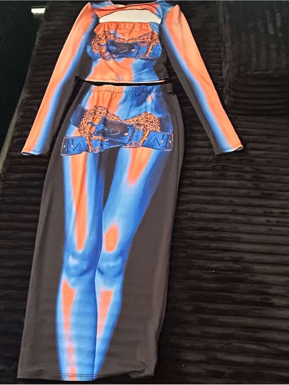 Women's Two-Piece Printed Bodycon Set in Blue and Orange